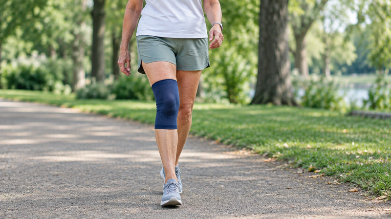 Woman walking in a park wearing a navy compression knee sleeve