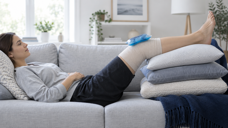 Person lying on a sofa with a bandaged knee raised on pillows and an ice pack on top