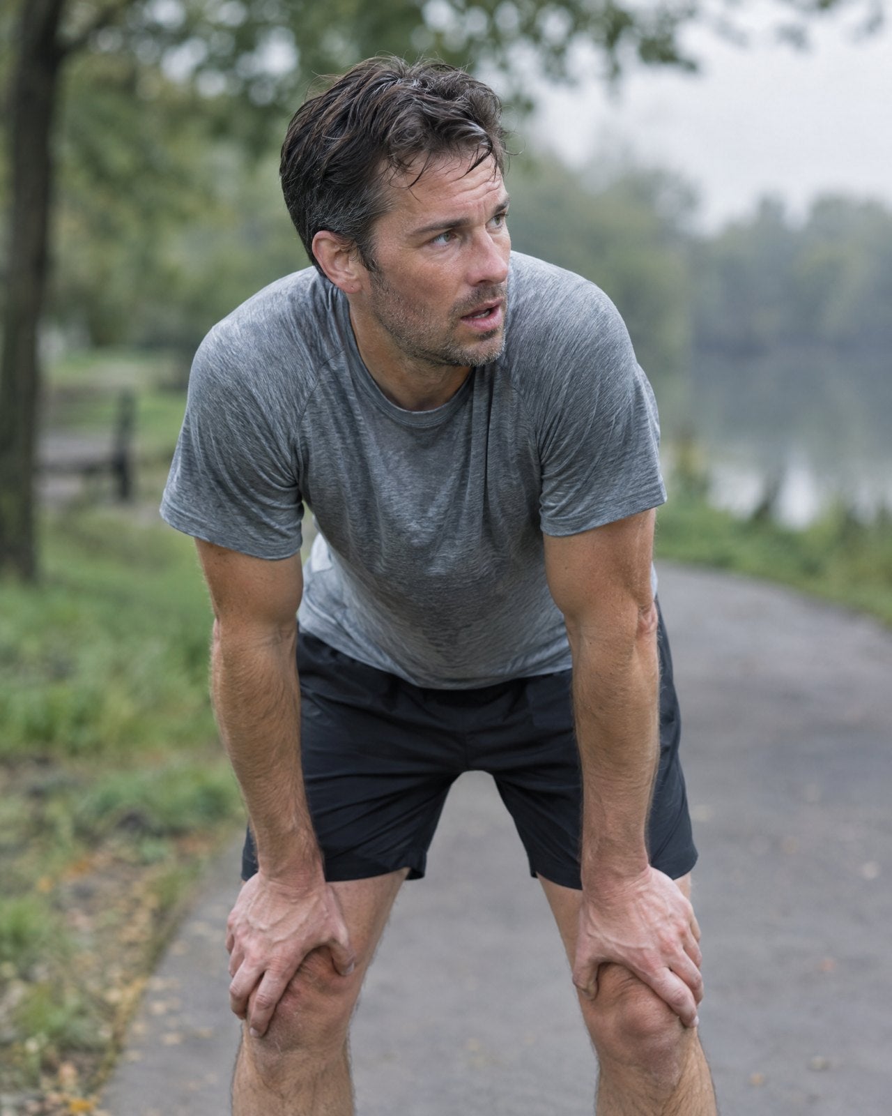 A runner bent over with his hands on his knees after a run
